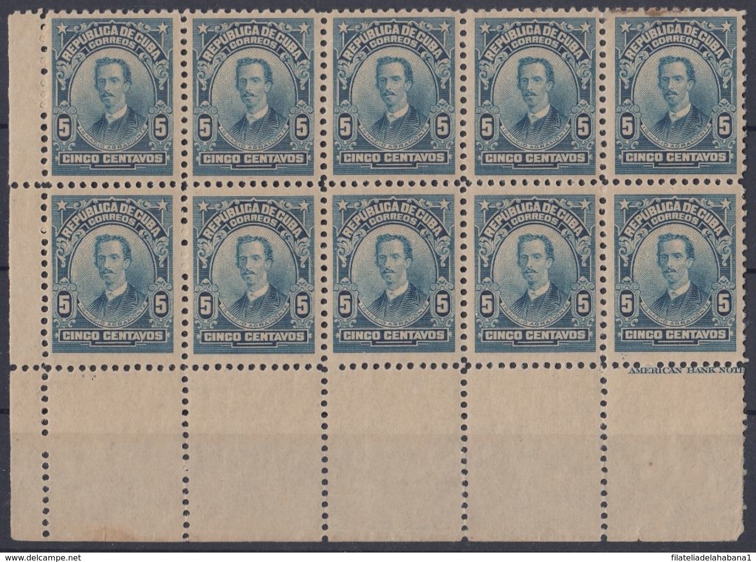 1911-151 CUBA REPUBLICA. 1911. 5c. Ed.192. IGNACIO AGRAMONTE, BLOCK 10 ORIGINAL GUM. - Unused Stamps