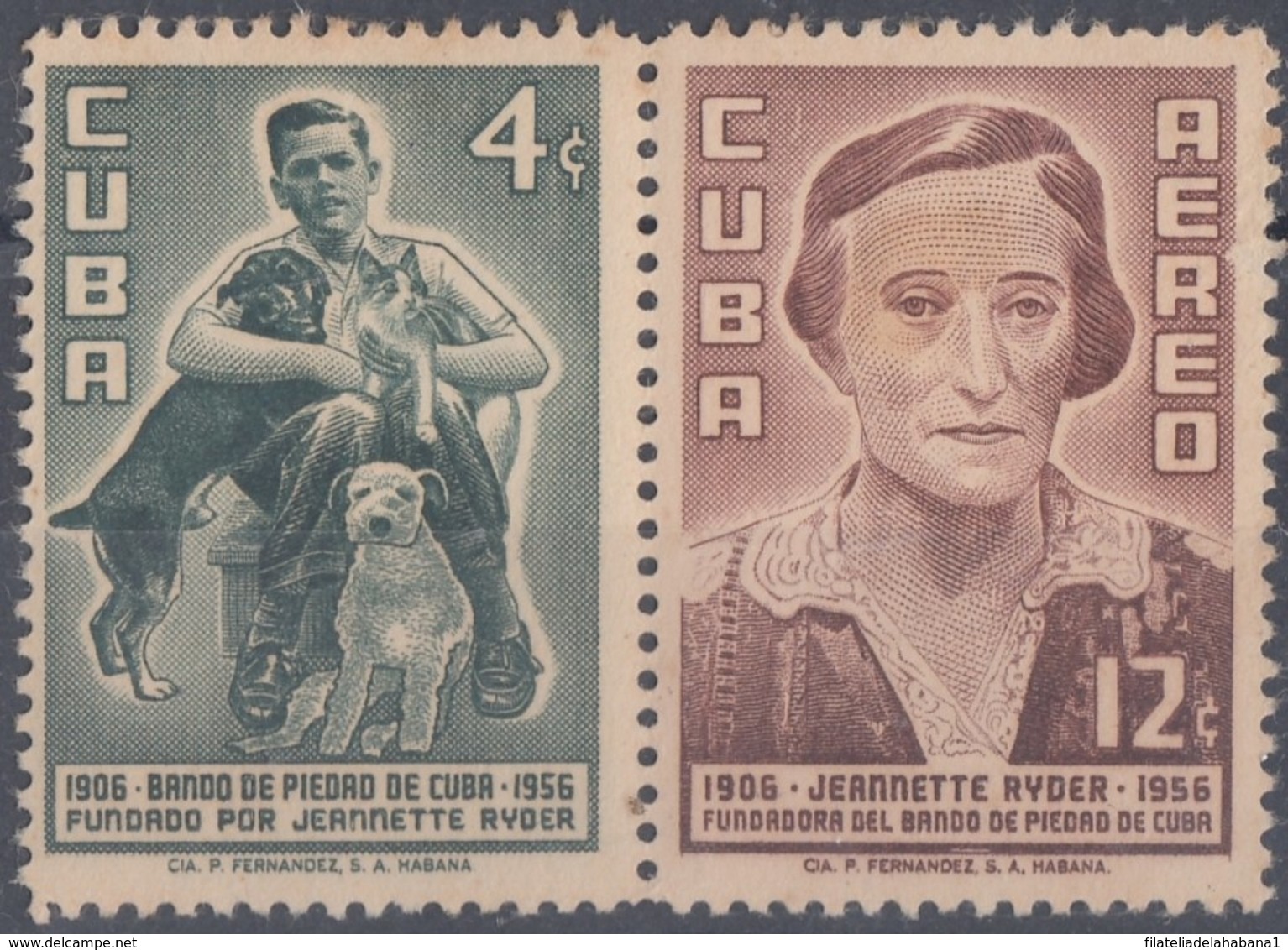 1957-350 CUBA REPUBLICA 1957 Ed.703-04. JEANNETTE RYDER, DOG, PERROS, BANDO DE PIEDAD. LIGERAS MANCHAS. - Nuevos