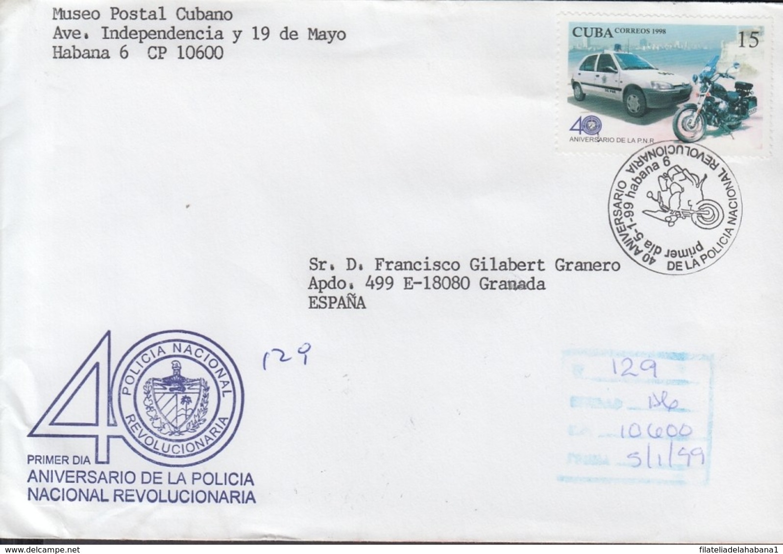 1998-FDC-45 CUBA FDC 1998. REGISTERED COVER TO SPAIN. 40 ANIV POLICIA NACIONA, MOTO, POLICE. - FDC