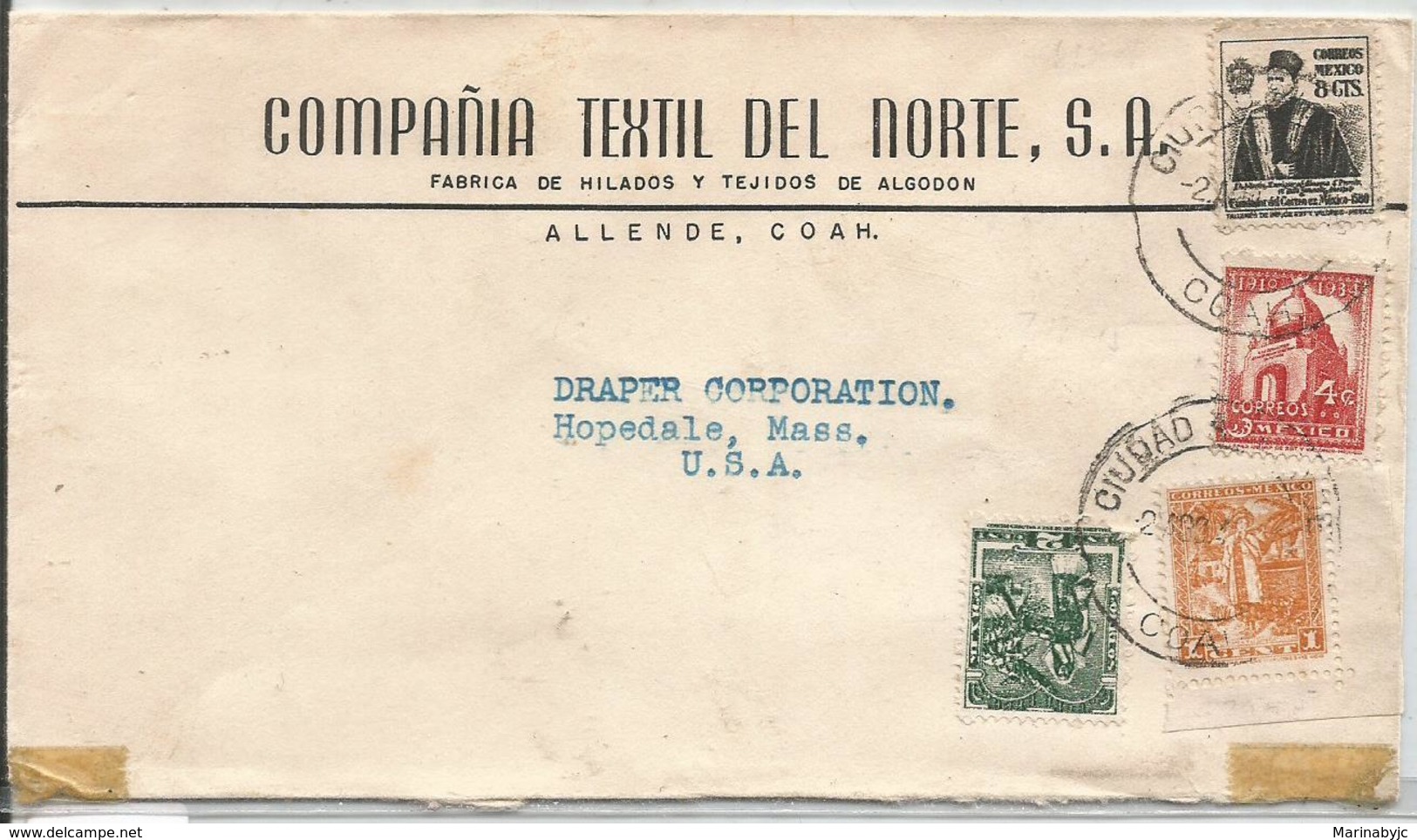 J) 1940 MEXICO, COMMERCIAL LETTER, NORTH TEXTIL COMPANY, ARCH OF THE REVOLUTION, TEHUANA INDIAN, YALALTECA INDIAN, MULTI - Mexico