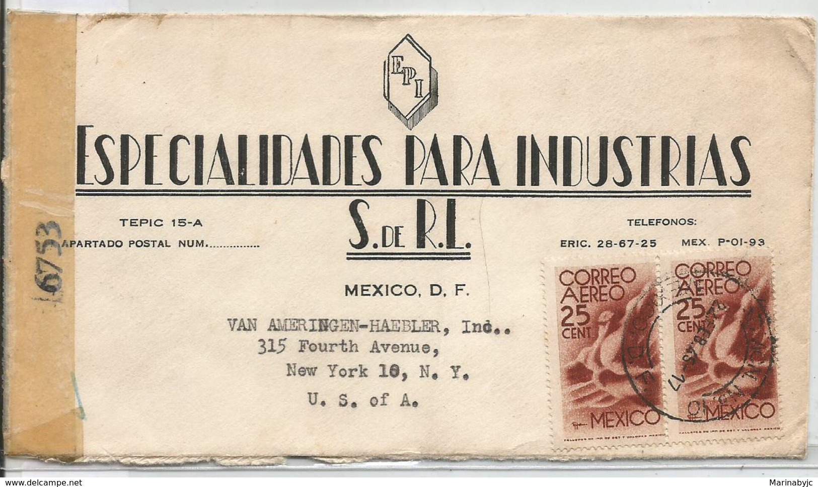 J) 1945 MEXICO, COMMERCIAL LETTER, SPECIALTIES FOR INDUSTRIES, SYMBOL OF FLIGHT, MULTIPLE STAMPS, OPENED BY EXAMINER, AI - Mexico