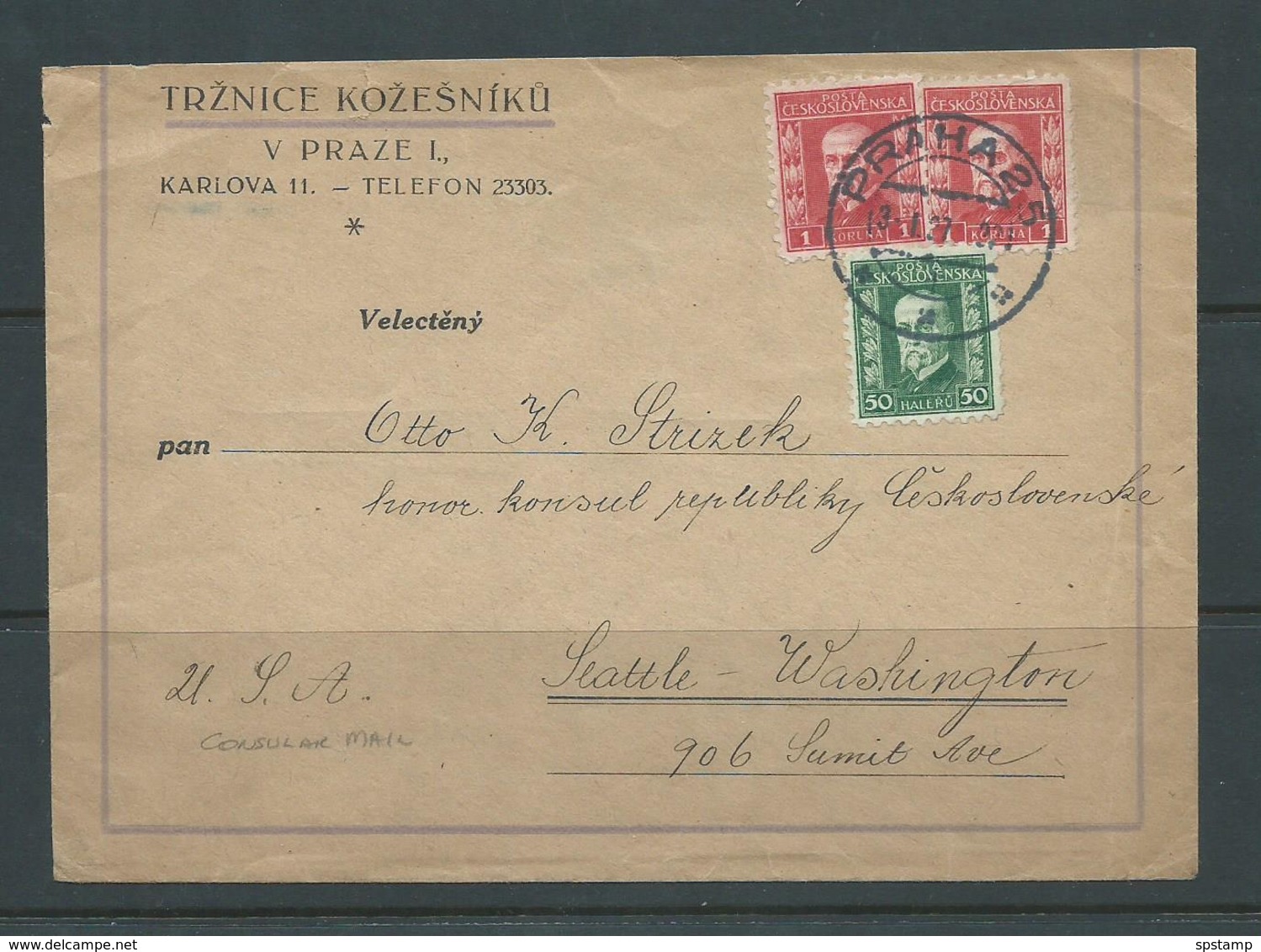 Czechoslovakia 1937 Cover Prague To Czech Consulate Seattle Washington - Briefe U. Dokumente