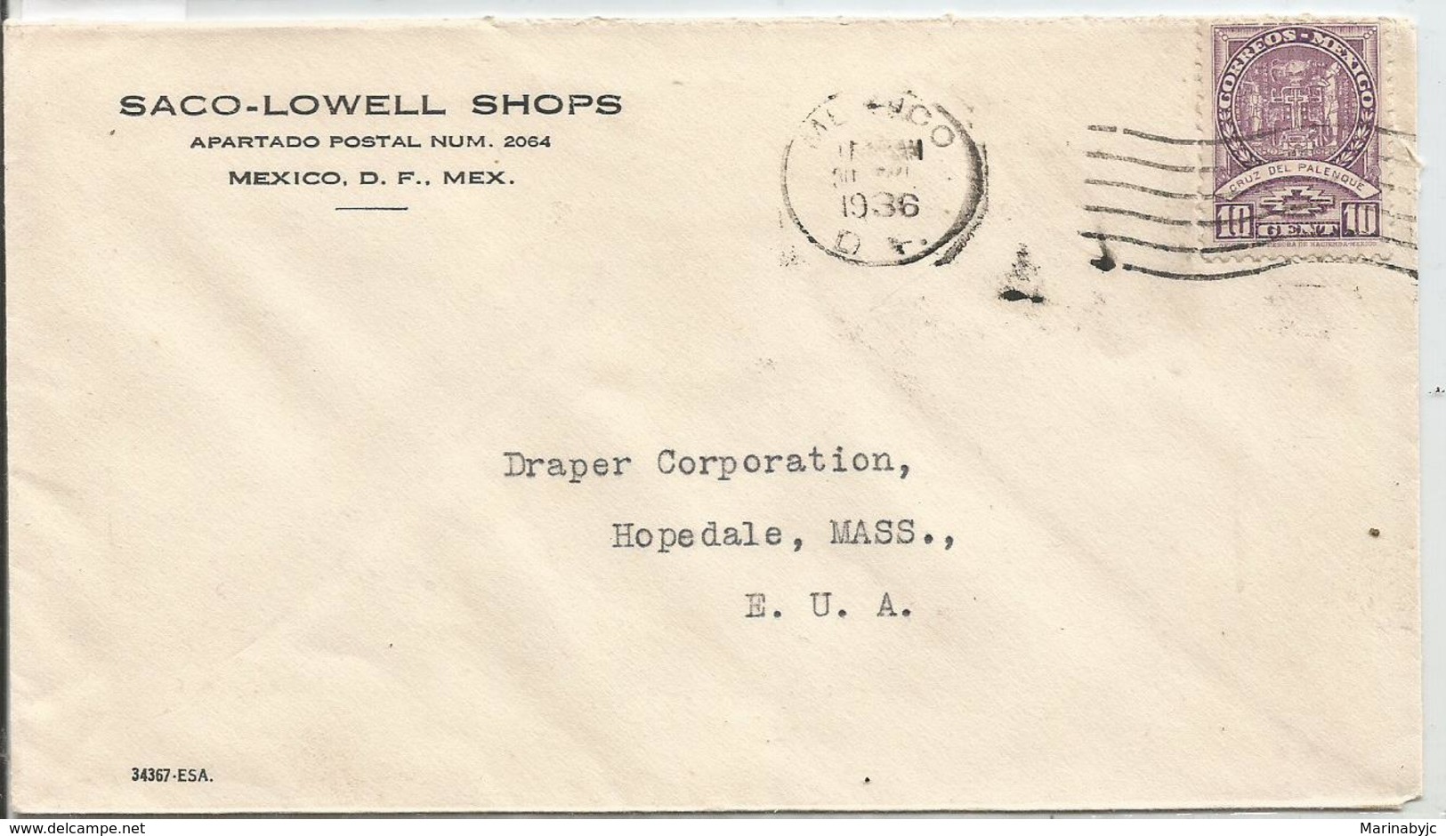 J) 1936 MEXICO, COMMERCIAL LETTER, SACO-LOWELL SHOPS, CROSS OF PALENQUE, CIRCULATED COVER, FROM MEXICO TO USA - Mexico