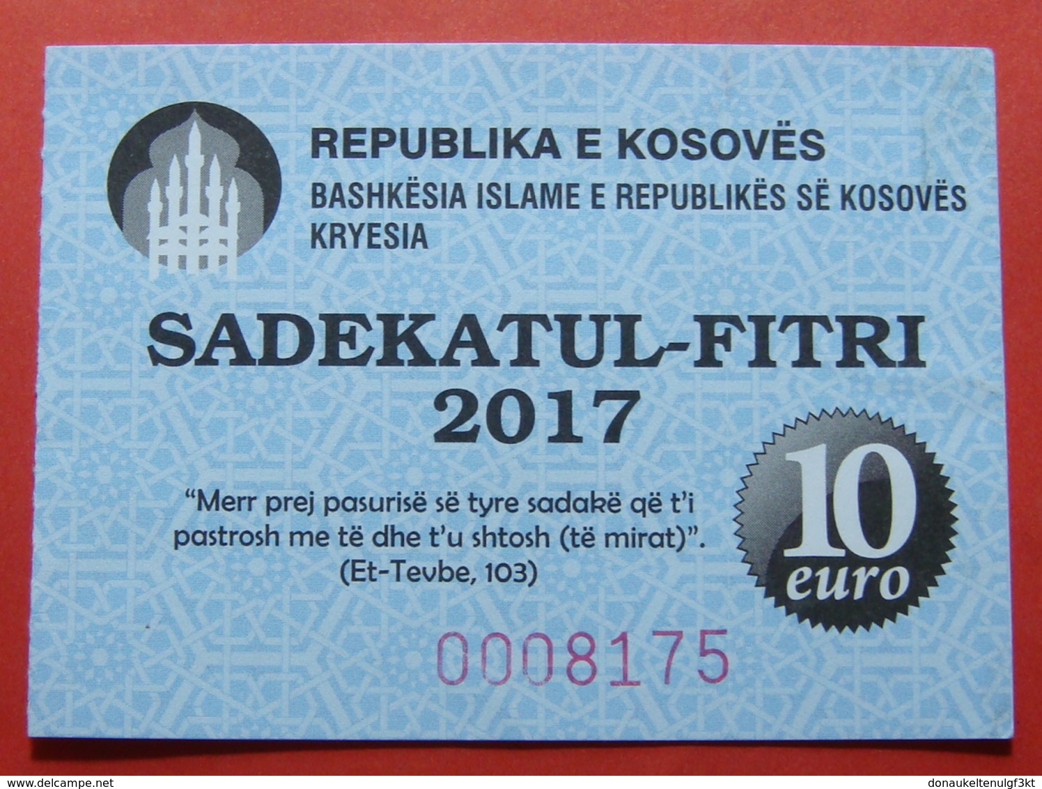 US PROTECTORATE, ISLAMIC STATE OF KOSOVO, 10 EURO 2017 SADAKA RAMADAN BON - Da Identificare