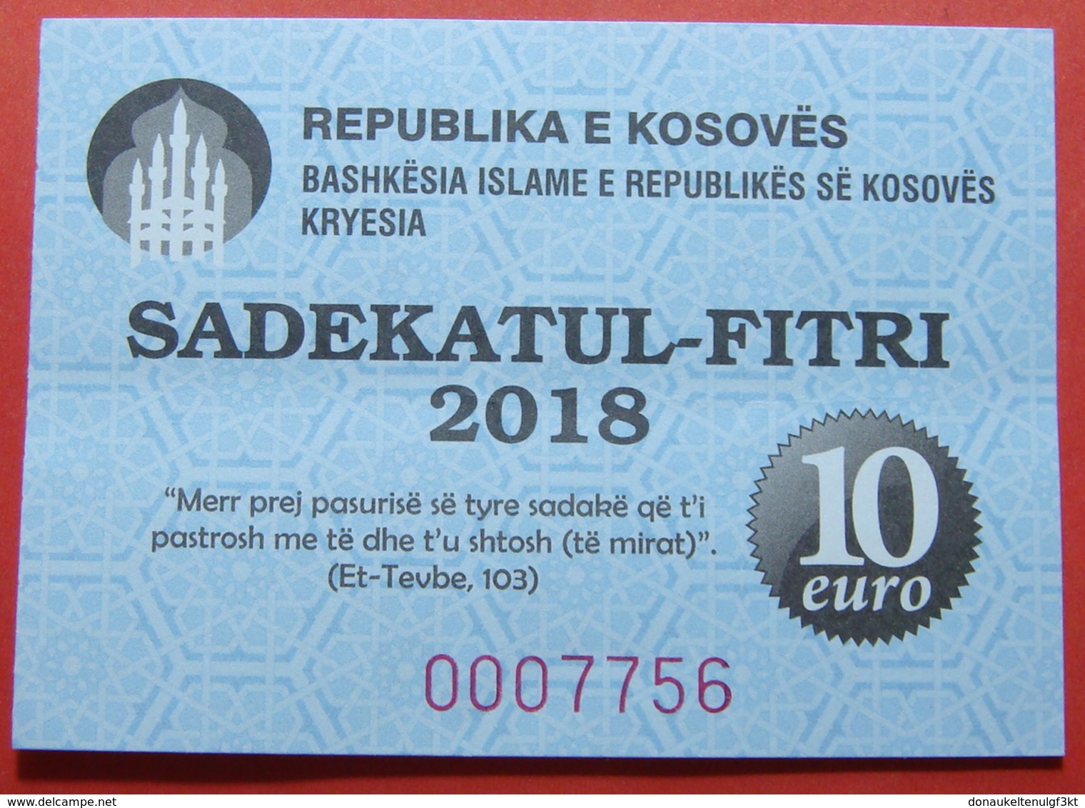 US PROTECTORATE, ISLAMIC STATE OF KOSOVO, 10 EURO 2018 SADAKA RAMADAN BON - A Identifier