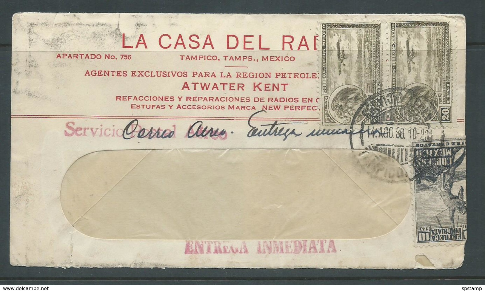 Mexico 1936 Airmail Invoice Cover 80c Rate Ex Tampico - Mexico