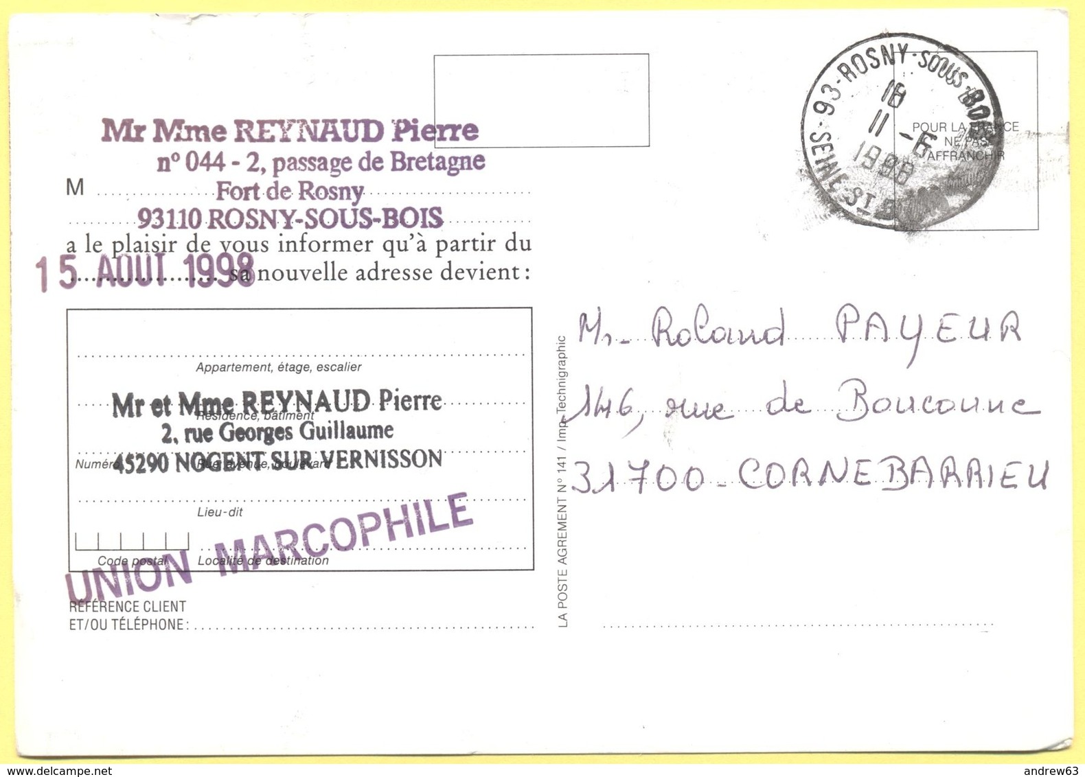 FRANCIA - France - 1998 - Franchise - Changement D'adresse - Carte Postale De La Poste - Viaggiata Da Rosny-sous-Bois Pe - Lettere In Franchigia Civile