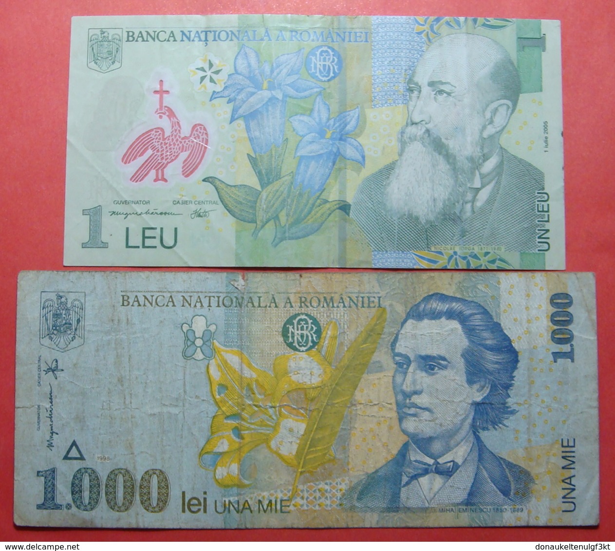 ROMANIA LOT X 2 BANKNOTES, 1 + 1000 LEI - Rumania