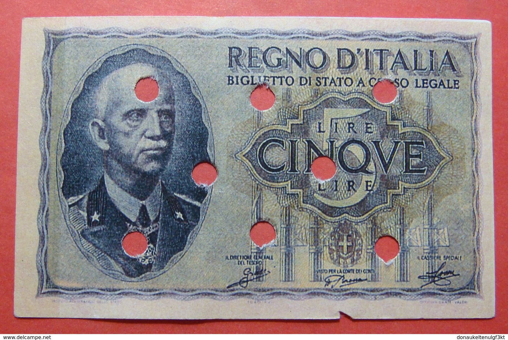 ITALIA 5 LIRE 1939 FORGERY, BANK CANCELLATION - Italia – 10 Lire