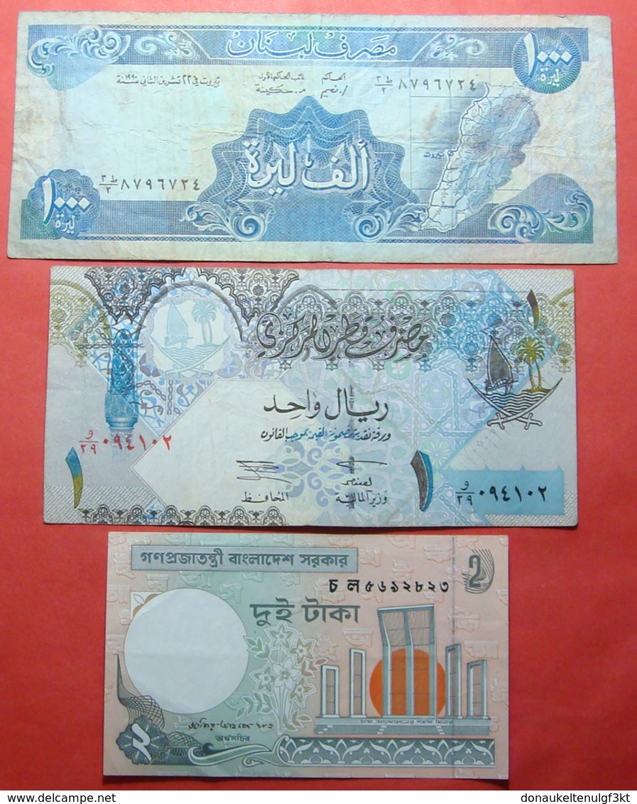 LOT X 3 MIDDLE EAST AND ASIA BANKNOTES. QATAR, LEBANON, BANGLADESH - Qatar