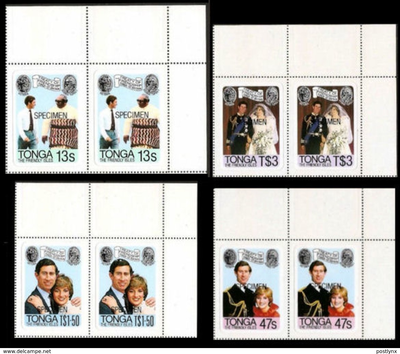 TONGA 1981 Diana Wedding SPECIMEN CORNER PAIRS:4 - Tonga (1970-...)