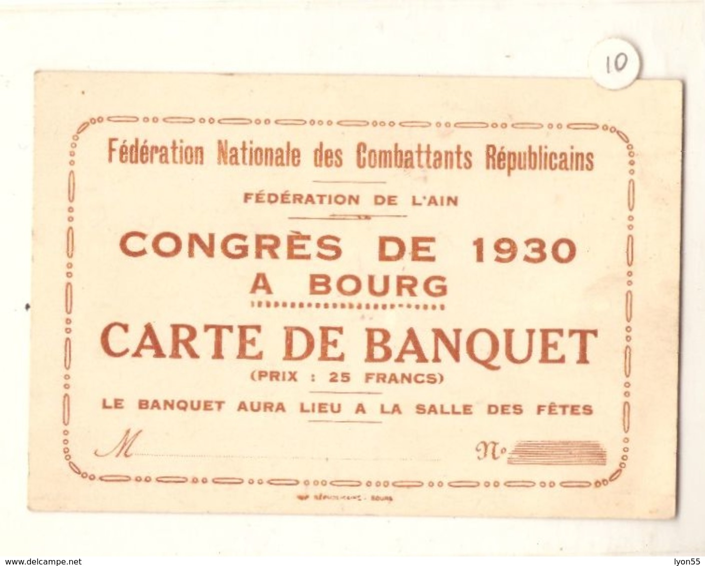 Fédération Des Combattants Républicains Congrès 1930 Bourg En Bresse Carte De Banquet - Autres & Non Classés