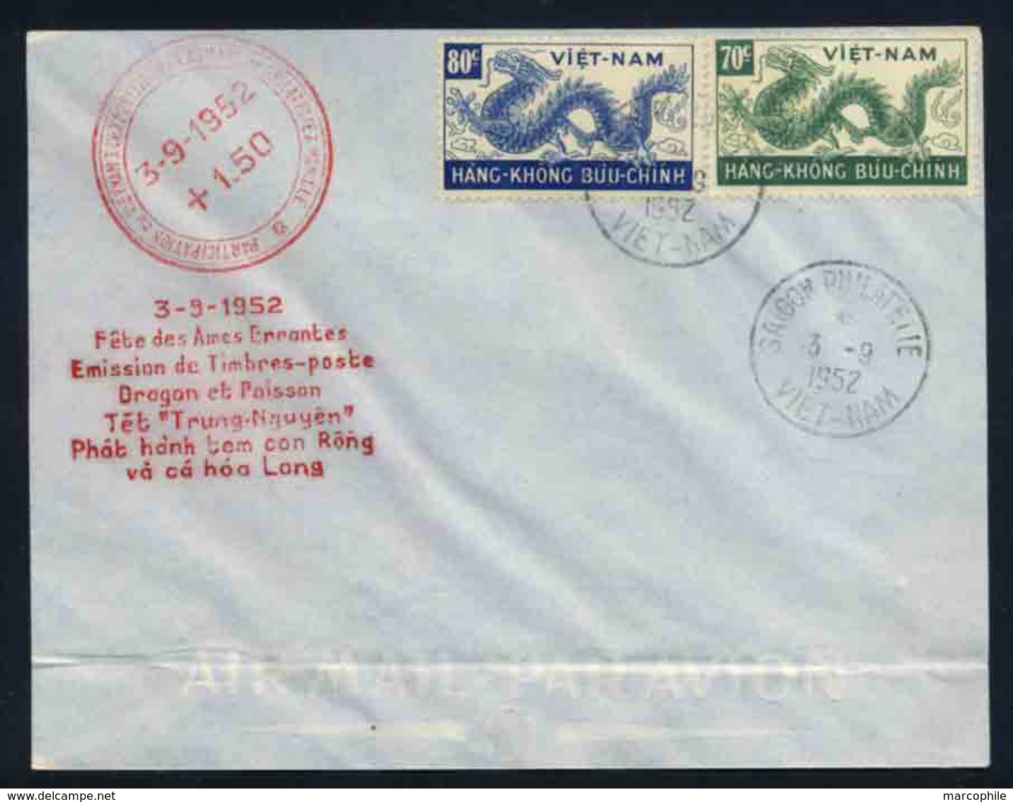 VIETNAM - DRAGON - POISSON - TET / 1952 OBLITERATION FDC SUR LETTRE (ref 1344e) - Viêt-Nam