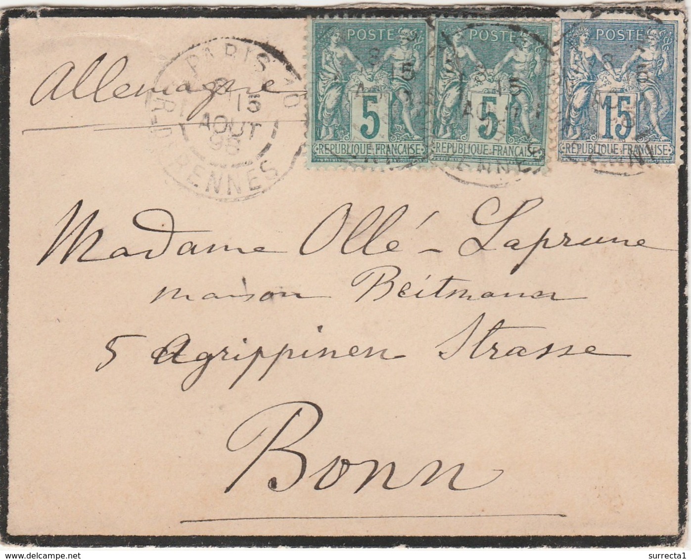 Envrloppe 1898 / Timbres SAGE 5 C Et 15 C / Pour Bonn Allemagne - Other & Unclassified