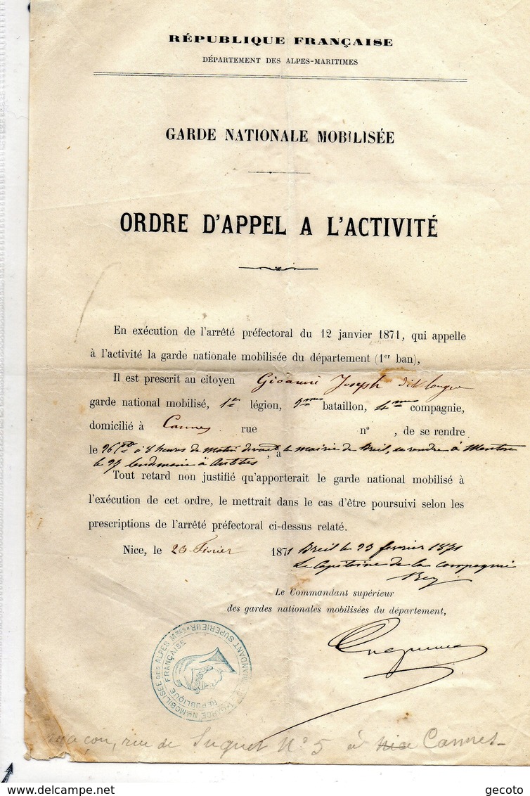 Alpes Maritimes - Garde Nationale Mobilisée En 1871 - Documentos Históricos
