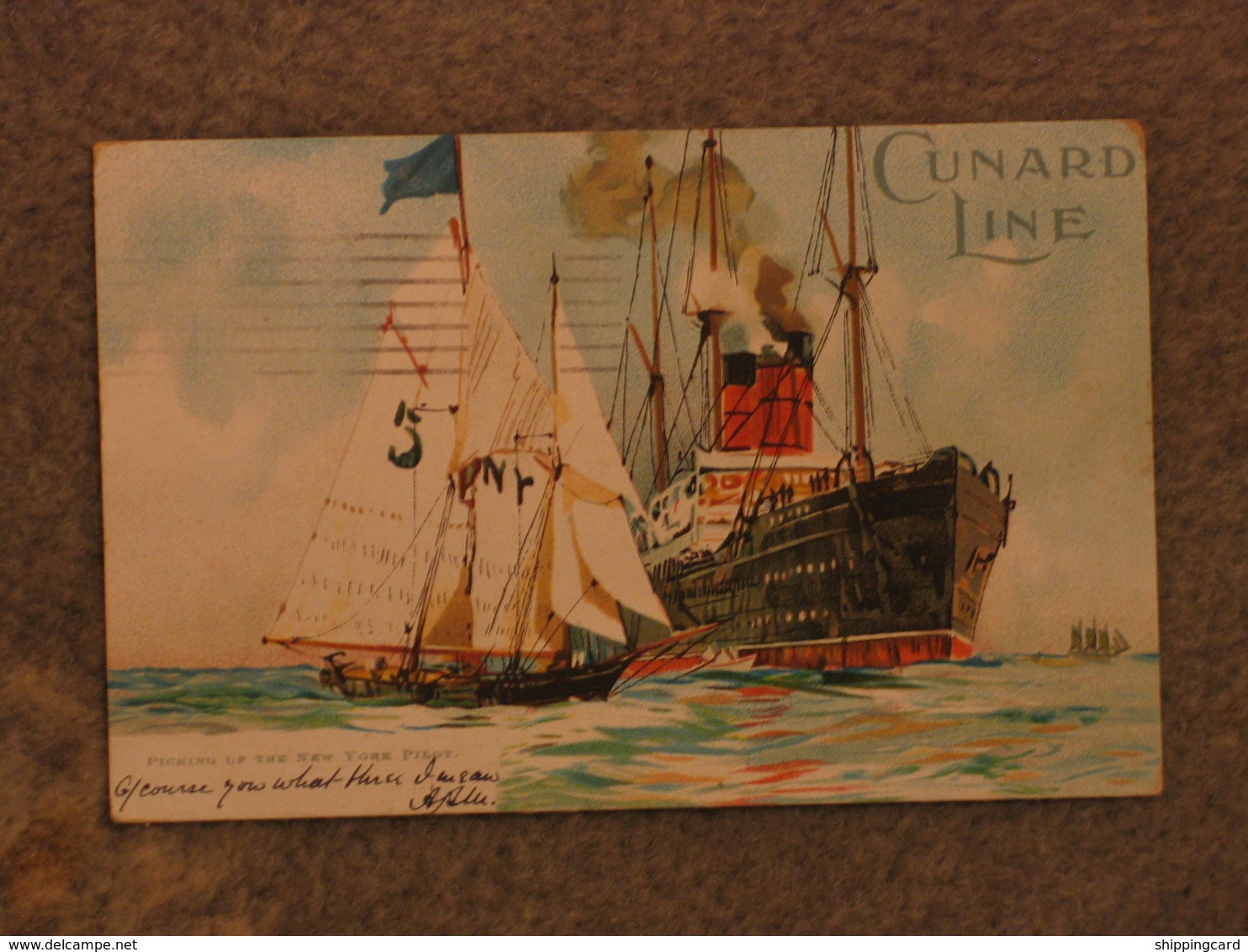 CUNARD LINE CUNARD LINER PICKING UP NY PILOT - OFFICIAL, ORIGINAL CARD PU 1903 - Steamers