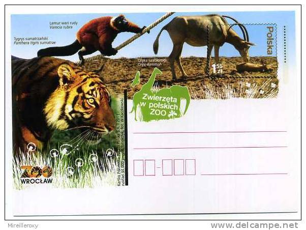 ENTIER POSTAL POLOGNE ZOO  SINGE TIGRE ORYX - Singes