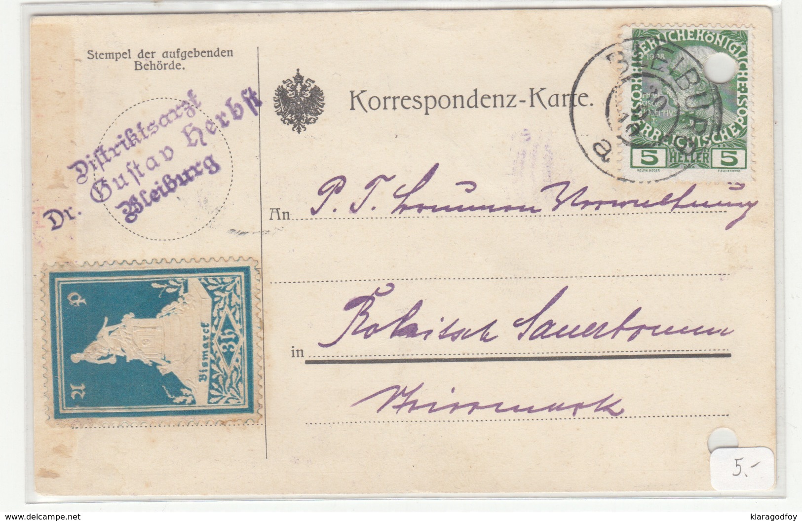 Bismarck Cinderella Poster Stamp On Postcard Travelled 1910 Bleiburg B190220 - Lettres & Documents