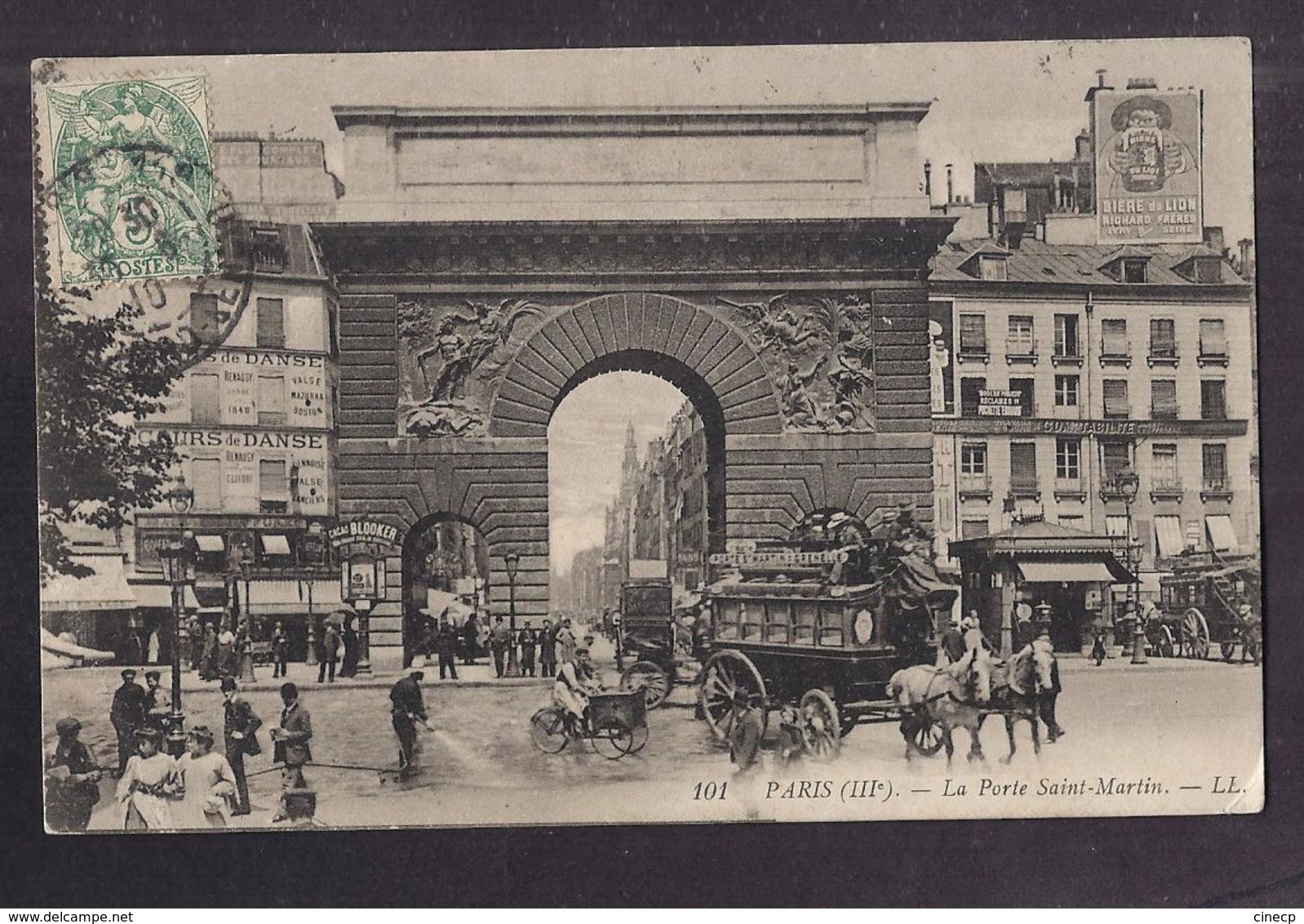 CPA 75 - PARIS - La Porte Saint-Martin - TB PLAN TB ANIMATION + TB ATTELAGE 1910 + Publicité Bière De Lyon - Paris (03)