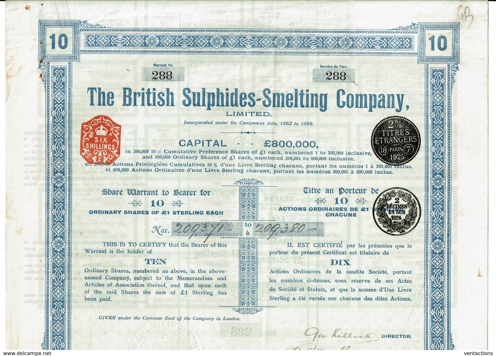 GB-BRITISH SULPHIDES-SMELTING Cy. Titre De 10 Actions. UK - Other & Unclassified