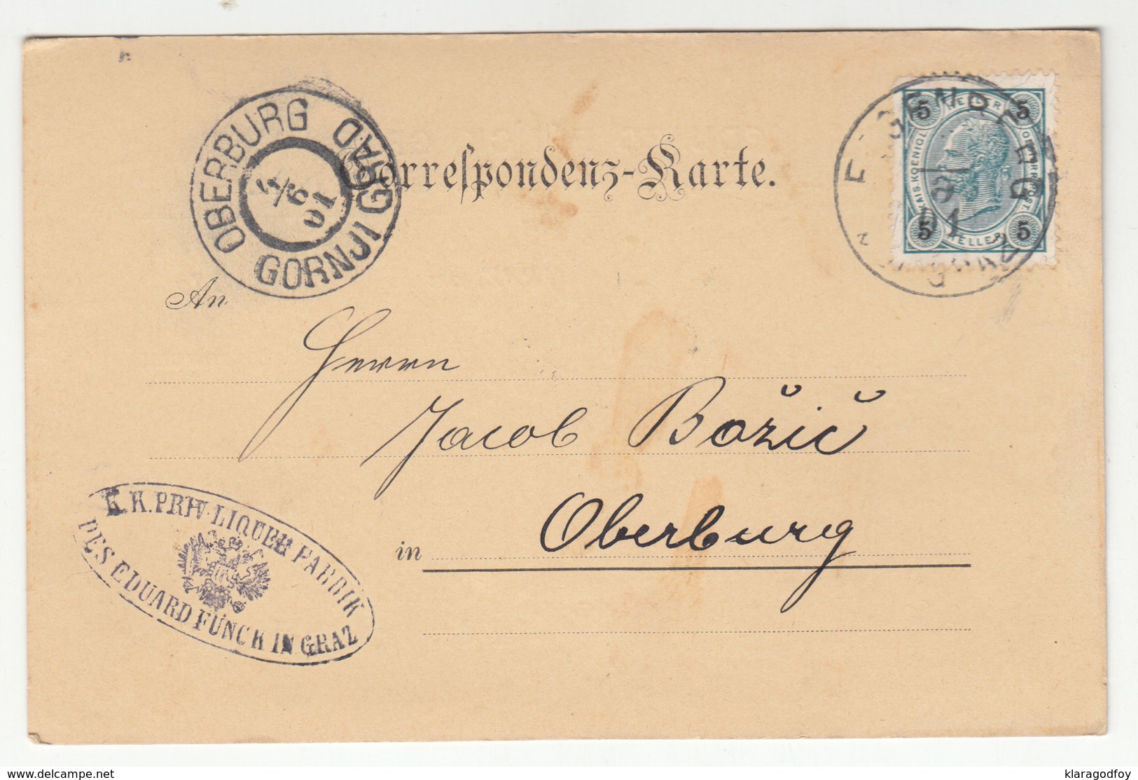 Eduard Fünck, Graz Liquer- Und Essig-Fabrik Company Card Travelled 1901 To Oberburg (Gornji Grad) B190220 - Lettres & Documents