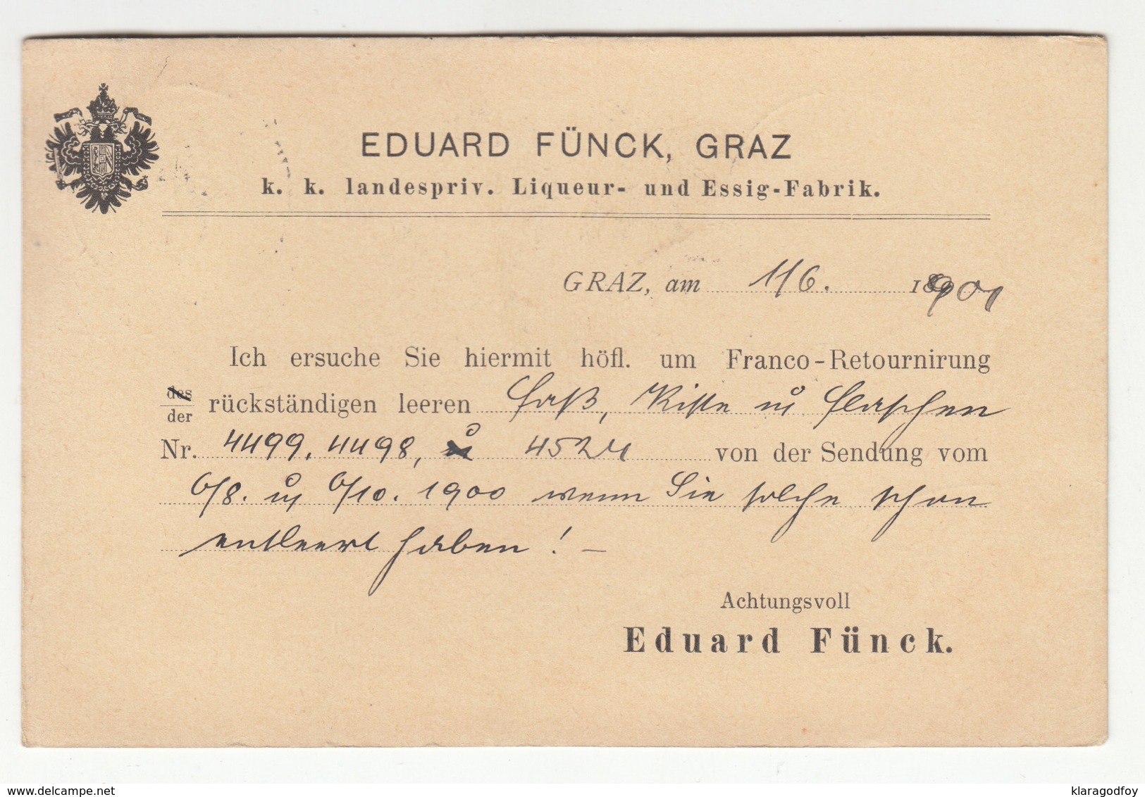 Eduard Fünck, Graz Liquer- Und Essig-Fabrik Company Card Travelled 1901 To Oberburg (Gornji Grad) B190220 - Lettres & Documents