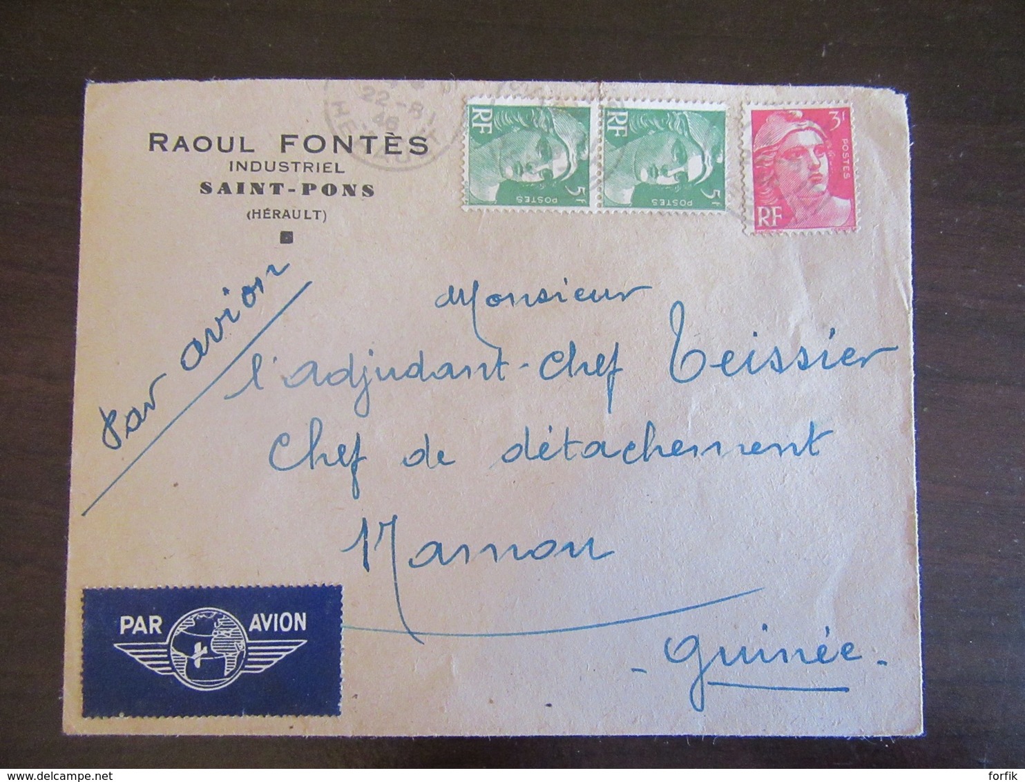 France Vers Guinée - Enveloppe Timbrée Circulée En 1946 - Correspondance Militaire - 3 Timbres Marianne Gandon - 1921-1960: Modern Period