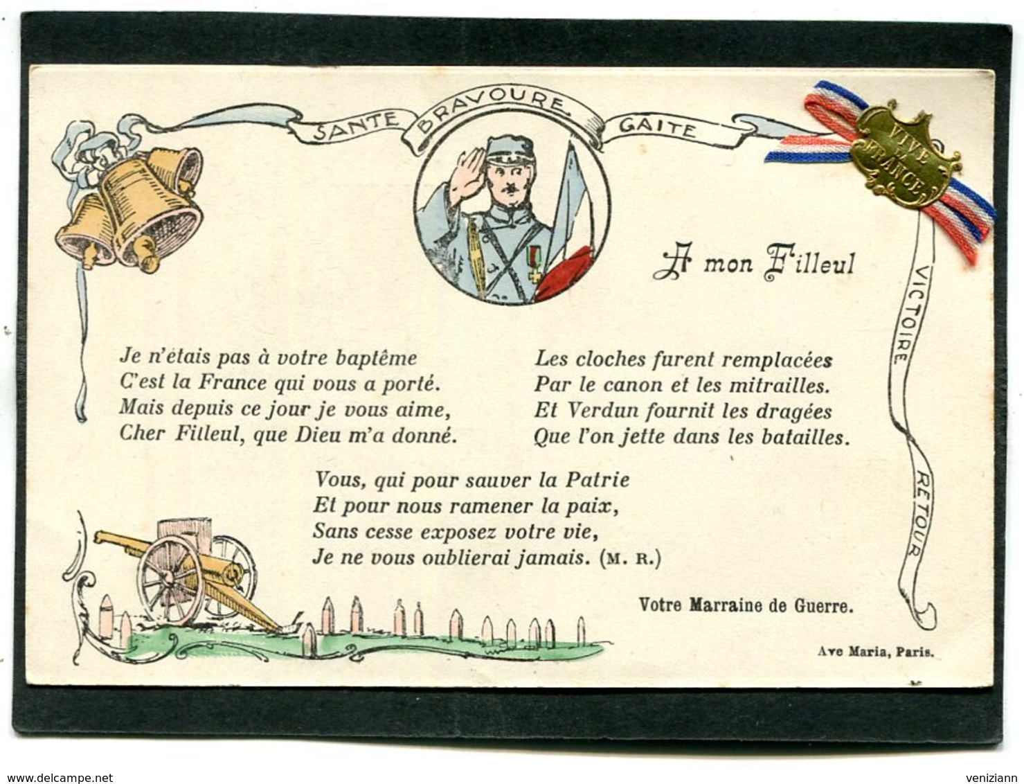 CPA - A Mon Filleul - Santé, Bravoure, Gaité - Carte Avec Ruban Tricolore Et Petite Médaille Vive La France Collés - Guerre 1914-18