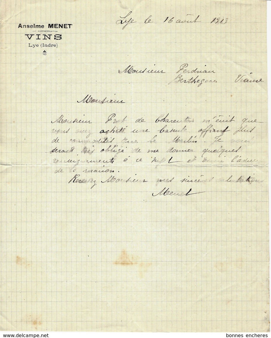1913 ANSELME MENET VINS à Lye (Indre) Pour Perdriau à Berthegon (Vienne) B.E. VOIR SCANS - 1900 – 1949