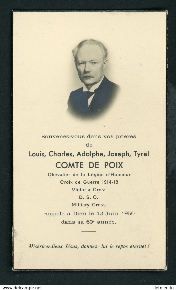 SOUVENIR MORTUAIRE  - DE LOUIS, CHARLES, ADOLPHE, JOSEPH, TYREL COMTE DE POIX (+ 1950) - Obituary Notices