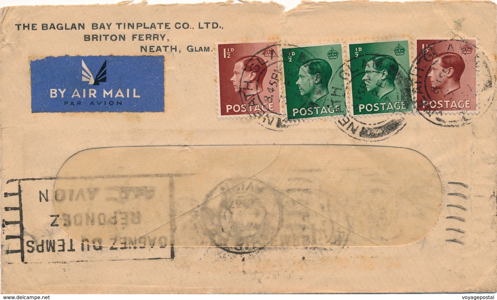 Lettre Par Avion Neath Glam Pour Bordeaux - Storia Postale