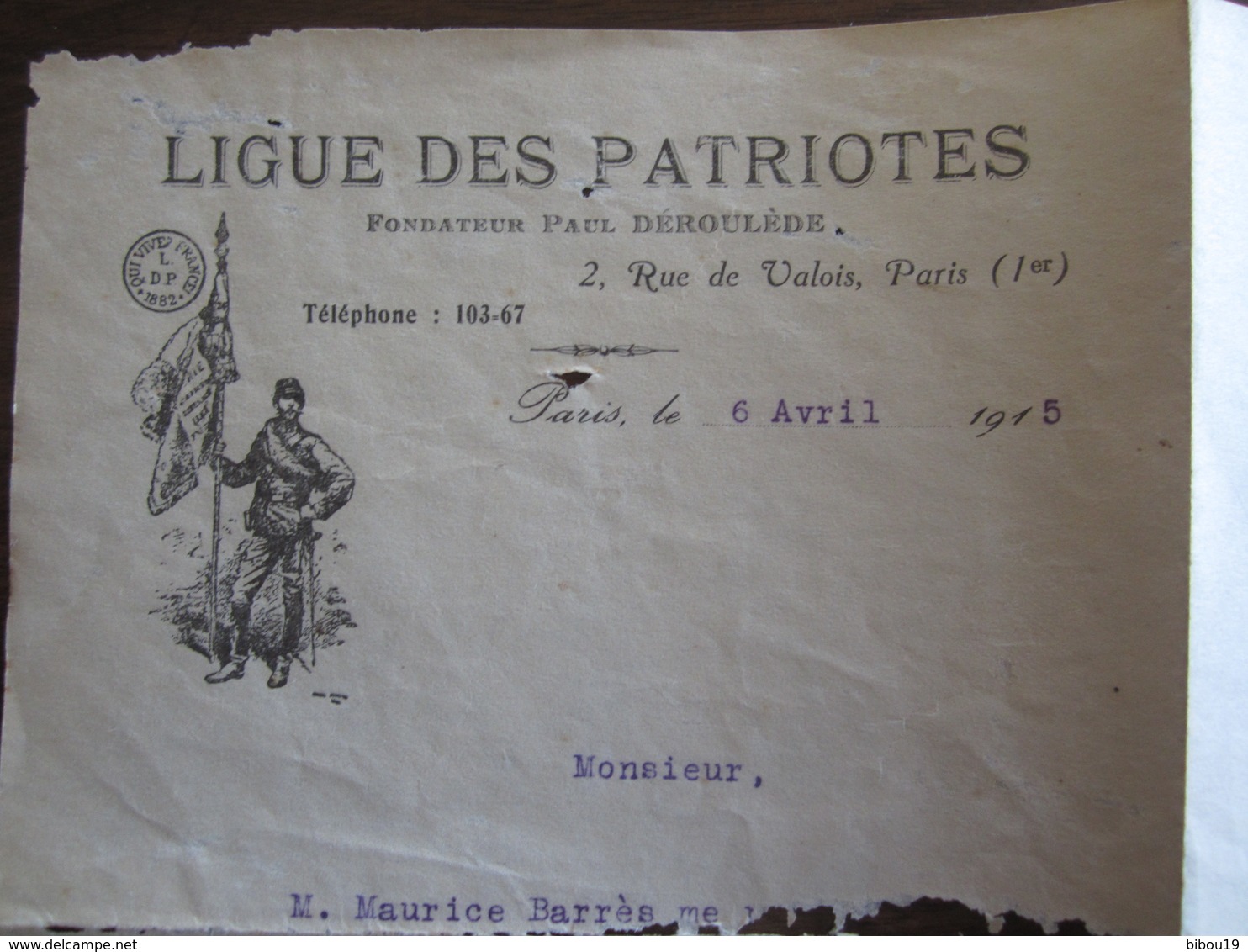 LETTRE SIGNEE ALBERT GAUTHIER DE CLAGNY VICE PRESIDENT DE LA LIGUE DES PATRIOTES DU 6 AVRIL 1915 - Autres & Non Classés