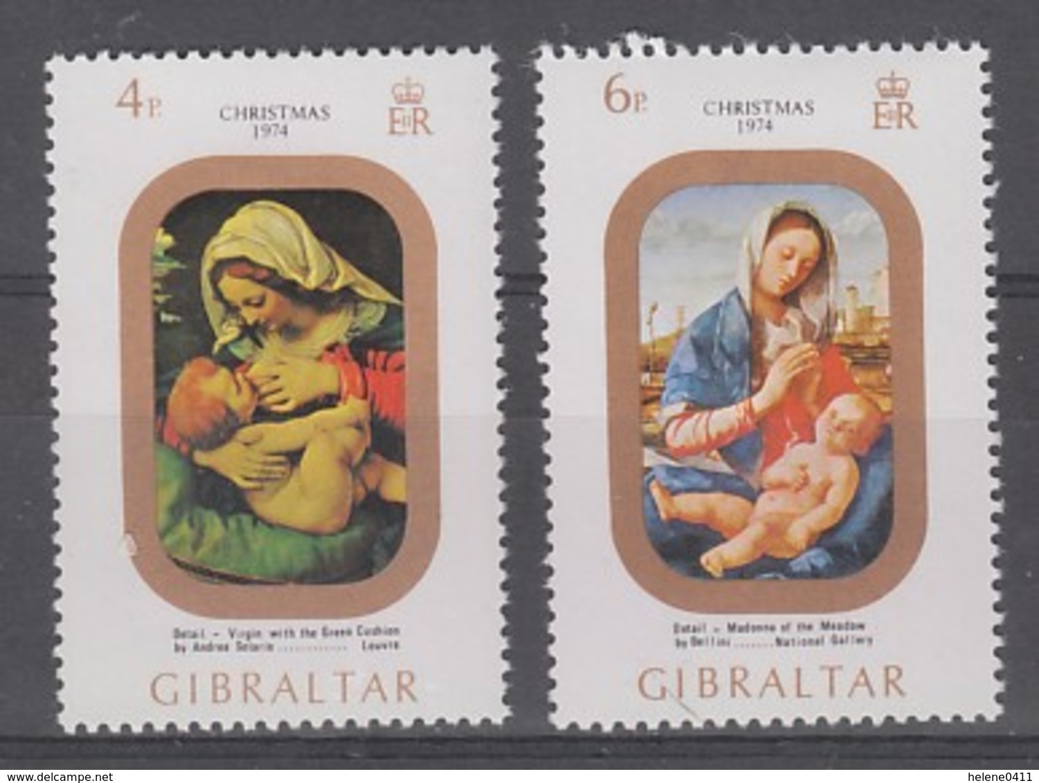 PAIRE NEUVE DE GIBRALTAR - TABLEAUX REPRESENTANT LA VIERGE ET L'ENFANT (NOËL 1974) N° Y&T 312/313 - Madonne