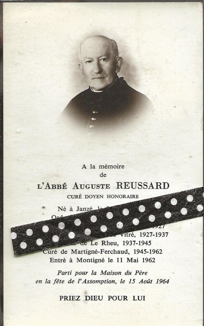 Faire Part  De Déces- De L Abbé Auguste Reussard ----Janzé-- Vitré --le Rheu-- Martigné -Ferchaud - Décès