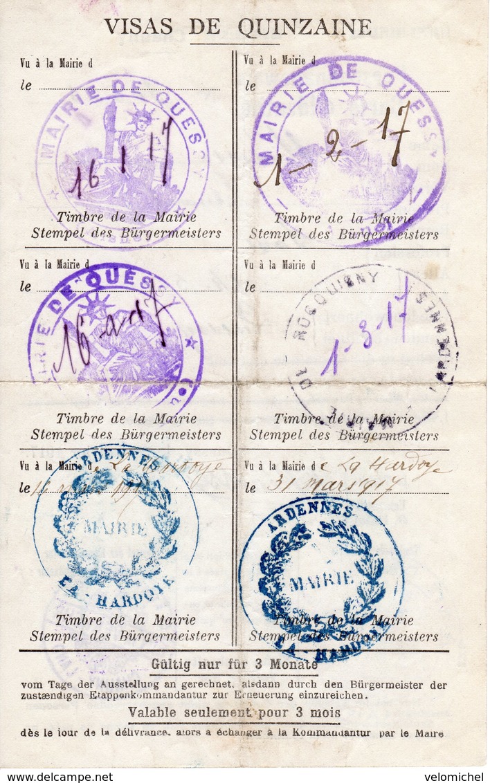 Aisne, Ardennes. PERSONEAUSWEIS-Carte D'identité 1917 CHAUNY, QUESSY, LA HARDOYE - 1914-18