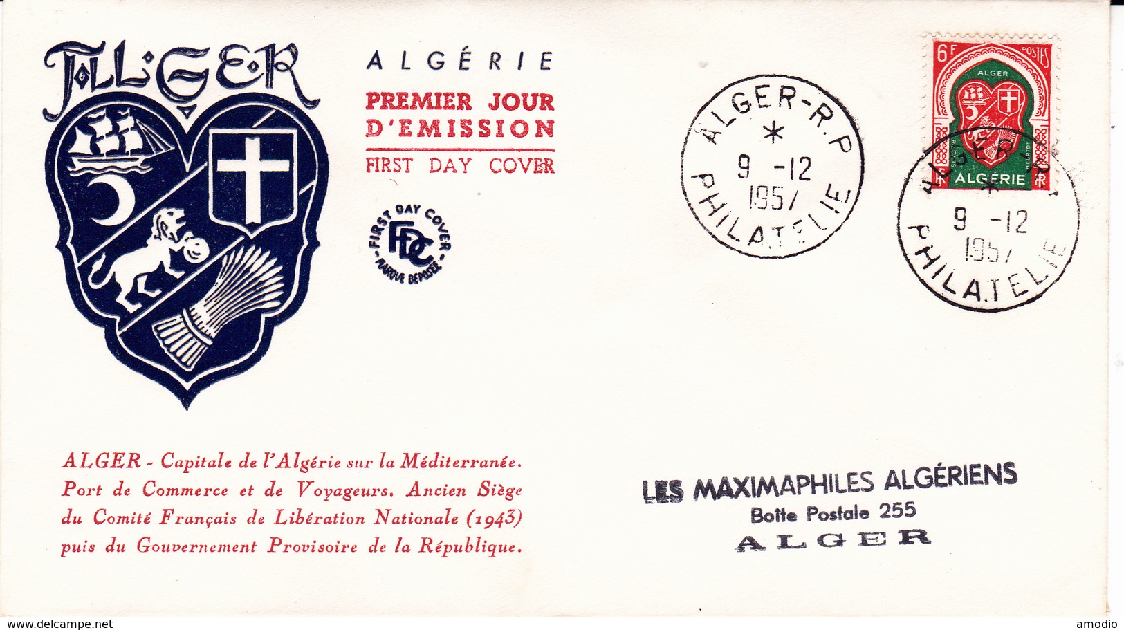 Algérie FDC YT 337D Alger 09/12/57 - Lettres & Documents