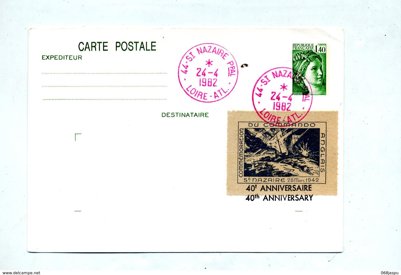 Carte Postale 1.4 Sabine + Vignette Anniversaire Commando Anglais Cachet Saint Nazaire - Enveloppes Types Et TSC (avant 1995)