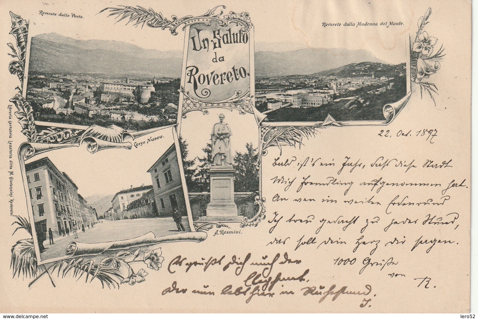 UN SALUTO DA ROVERETO VEDUTINE D'EPOCA ANNO 1897!!! VIAGGIATA CARTOL- GIOVANNINI - Trento