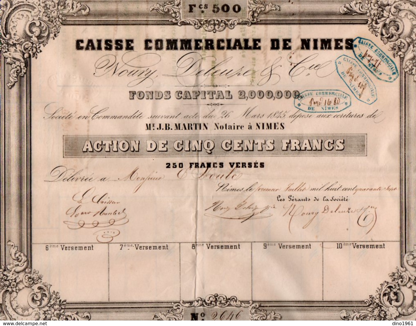 VP14.595 - 1847 - Action De La Caisse Commerciale De NIMES - Mrs NOURY , DELEUZE & Cie - M - O