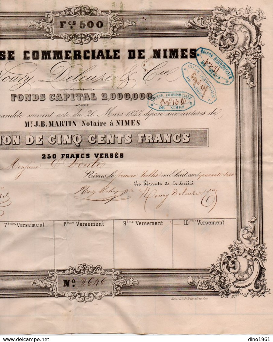 VP14.595 - 1847 - Action De La Caisse Commerciale De NIMES - Mrs NOURY , DELEUZE & Cie - M - O