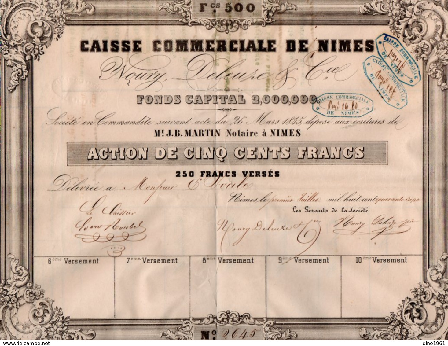 VP14.596 - 1847 - Action De La Caisse Commerciale De NIMES - Mrs NOURY , DELEUZE & Cie - M - O