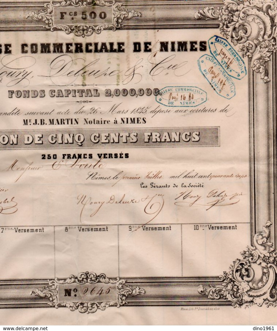 VP14.596 - 1847 - Action De La Caisse Commerciale De NIMES - Mrs NOURY , DELEUZE & Cie - M - O