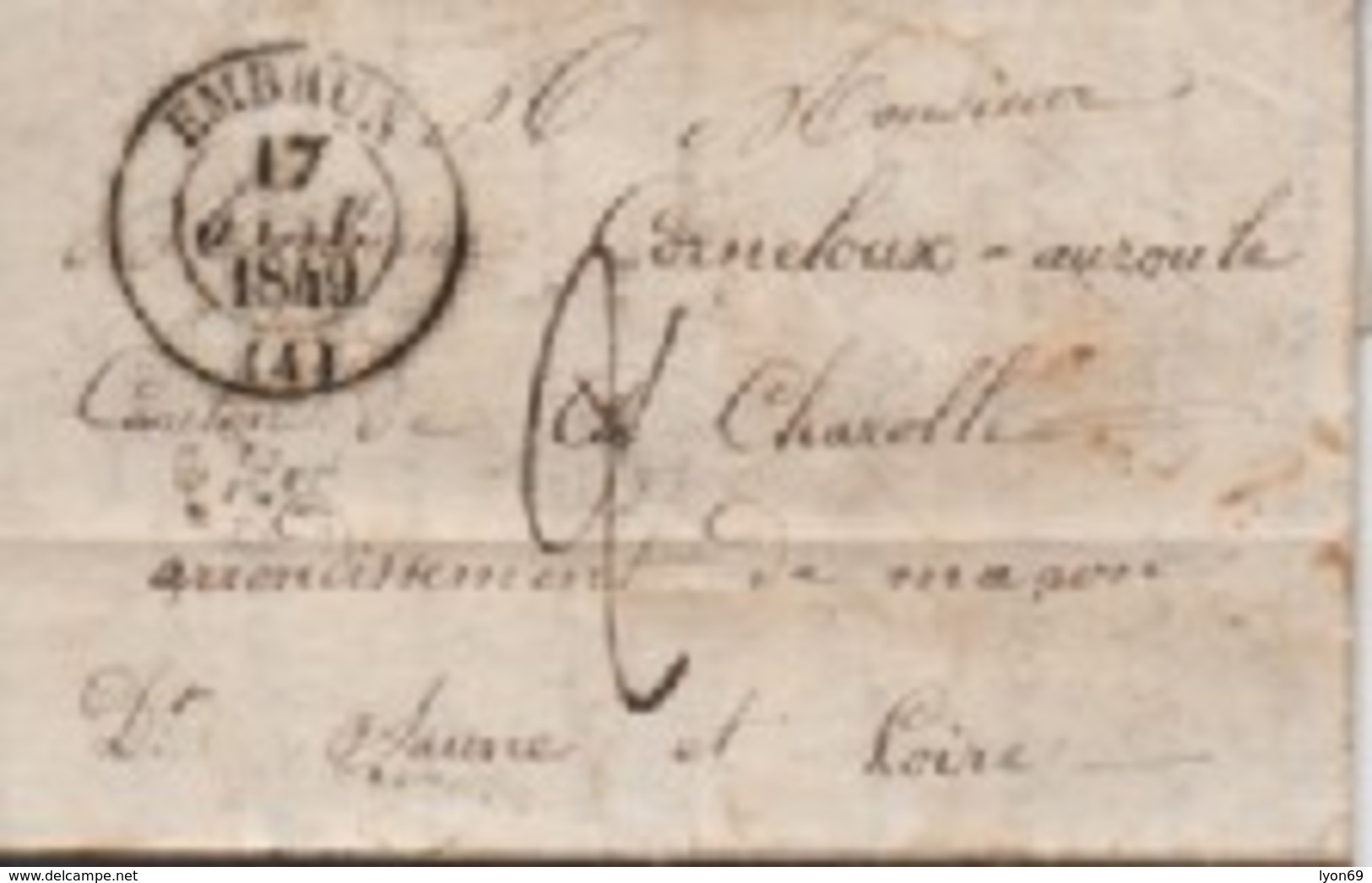 //LETTRE D  EMBRUN   17/01/49  POUR CHAROLLES  TAXE 2 - 1849-1876: Période Classique