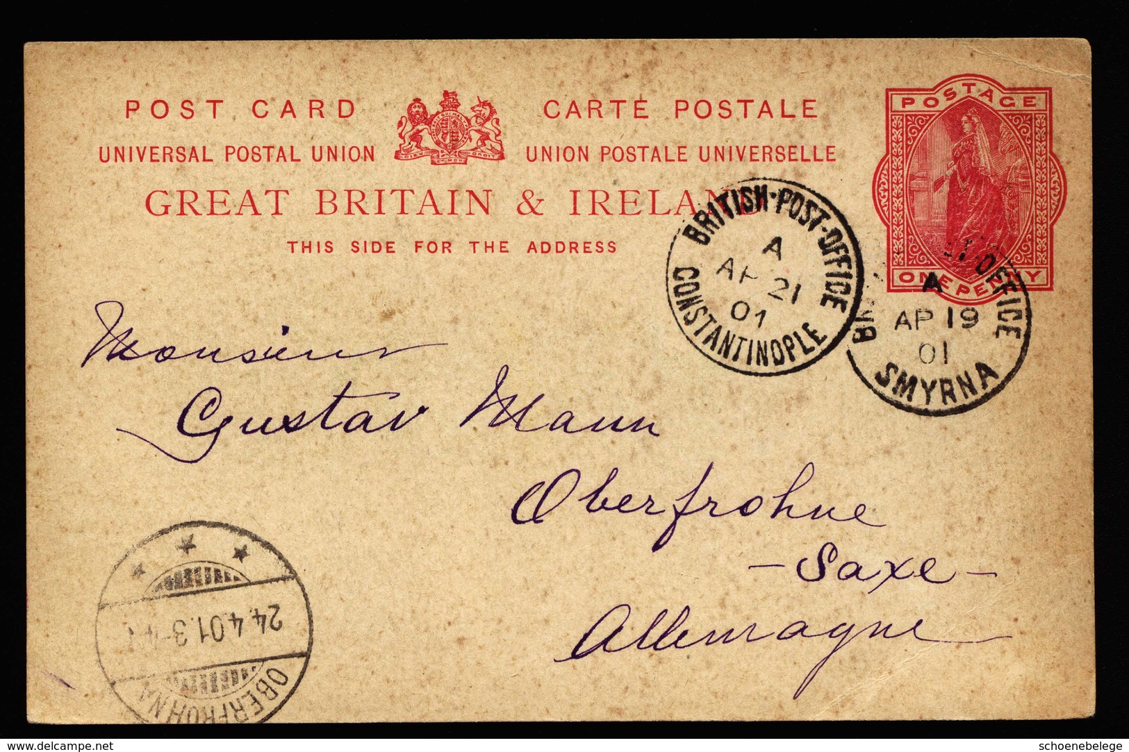 A5891) UK Postcard Post Office Smyrna And Constantinople 1901 To Germany - Britisch-Levant