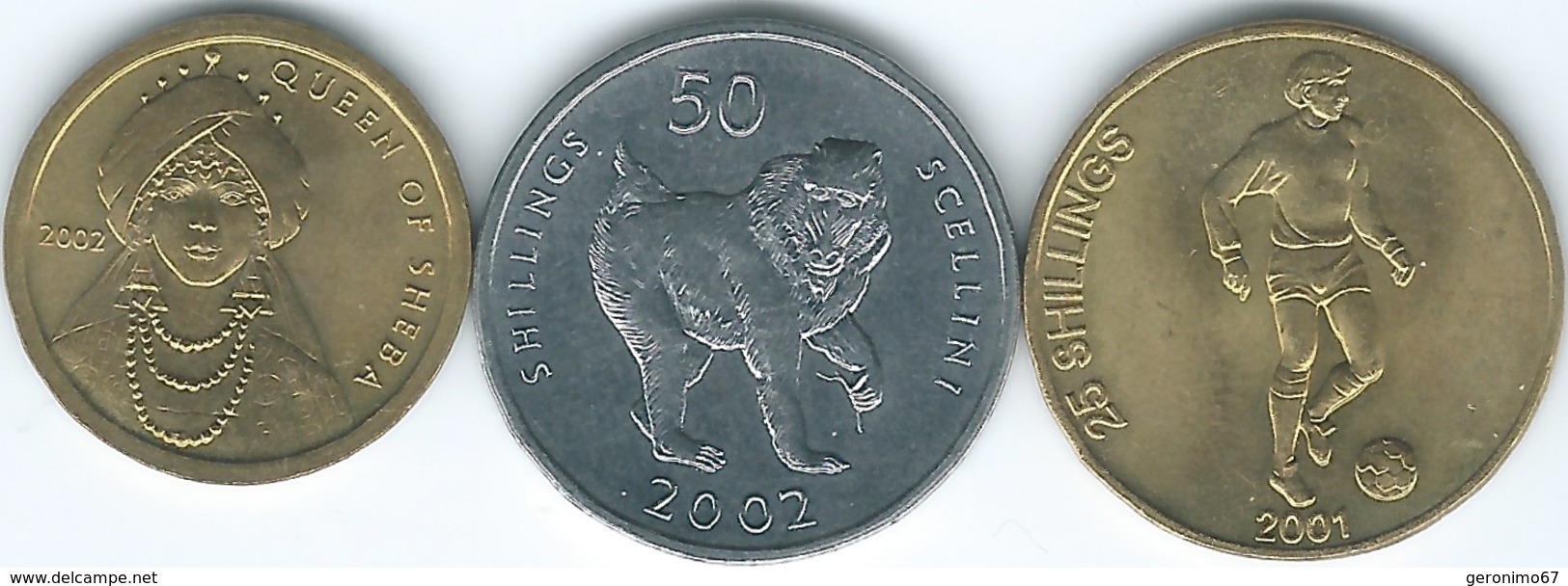 Somalia - 25 Shillings - 2001 - Football (KM103); 2002 - 50 Shillings - Mandrill (KM111) & 100 Shillings - Sheba (KM112) - Somalia