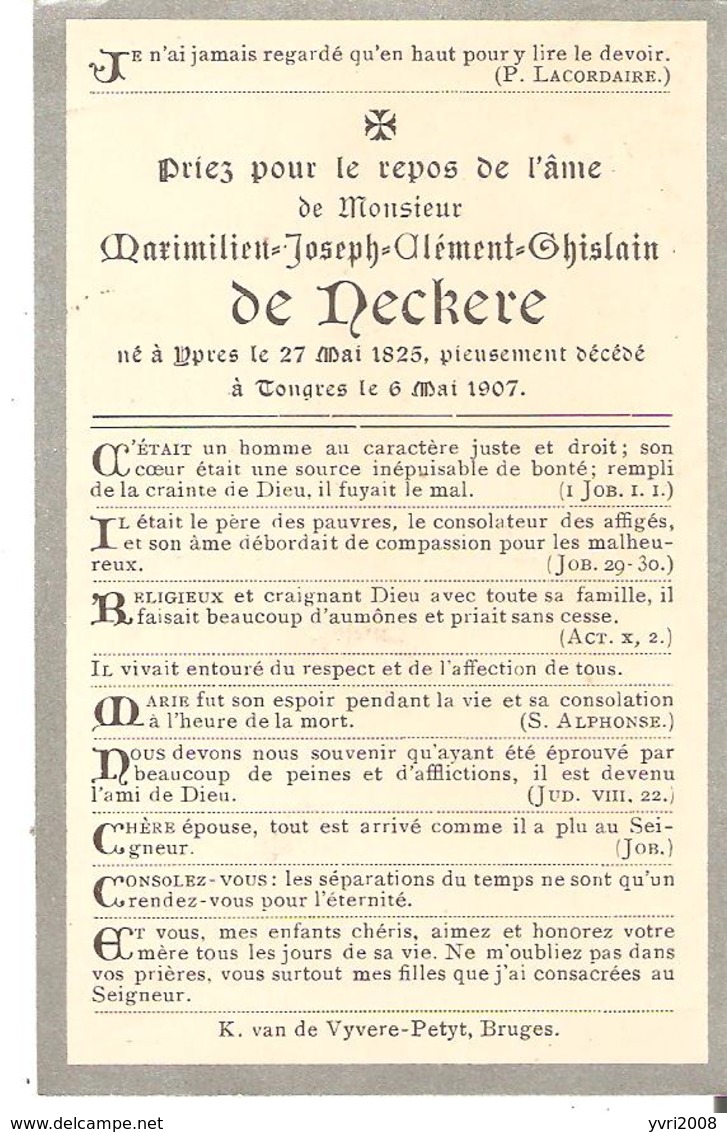 Faire-part Décès Mr. Maximilien De  NECKERE Tongres 6/5/1907 - Décès