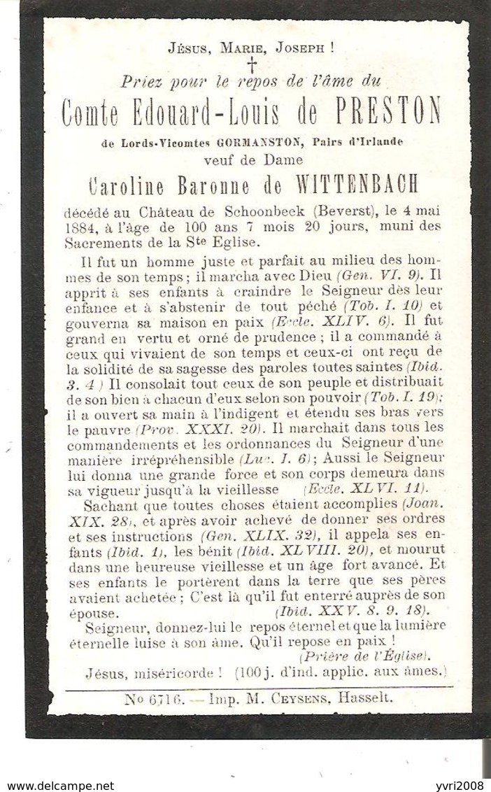 Faire-part Décès Comte Edouard-Louis De PRESTON  - Château De Schoonbeek (Beverst) 4/5/1884 - Décès