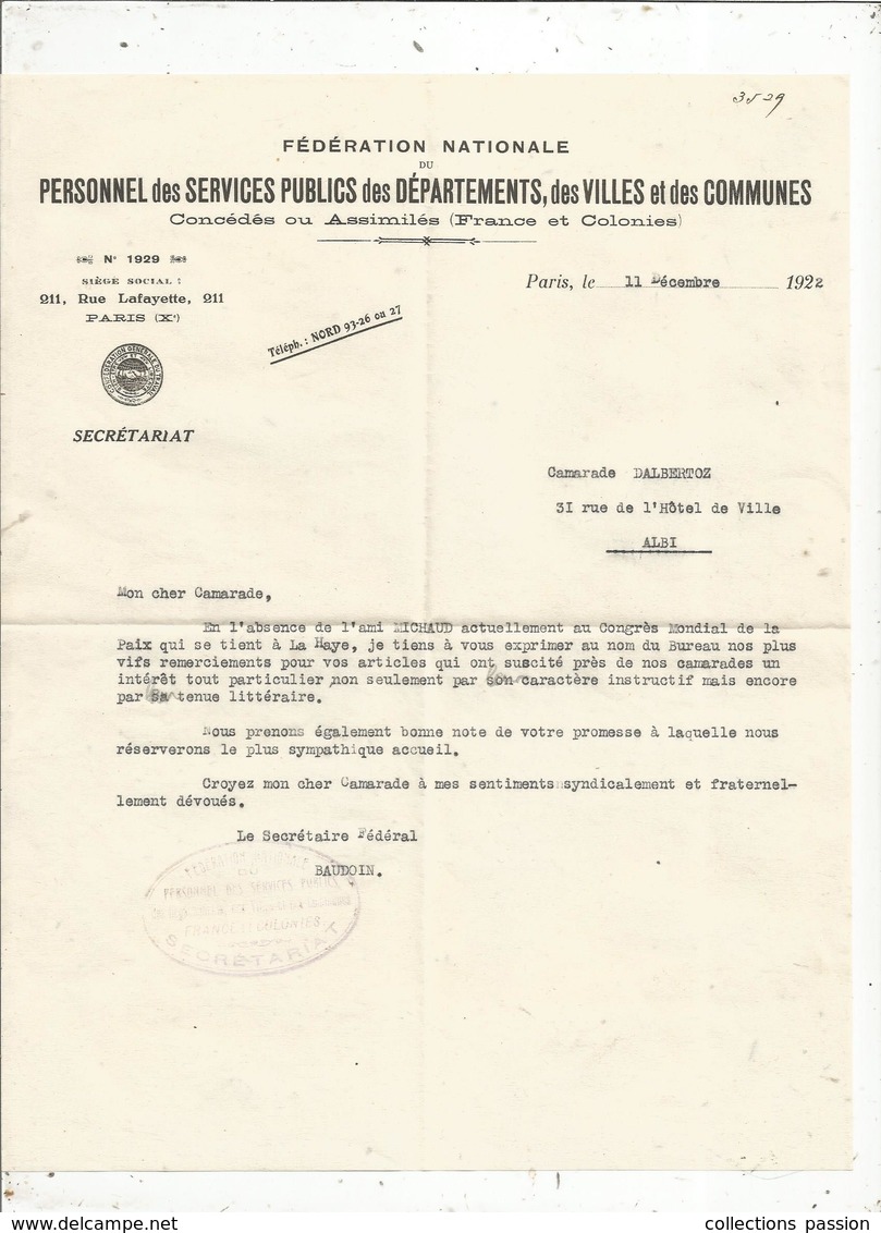 Courrier Commercial, Fédération Nationale Du Personnel Des Services Publics.... , Cachet ,1922, 2 Scans , Frais Fr1.55 E - 1900 – 1949