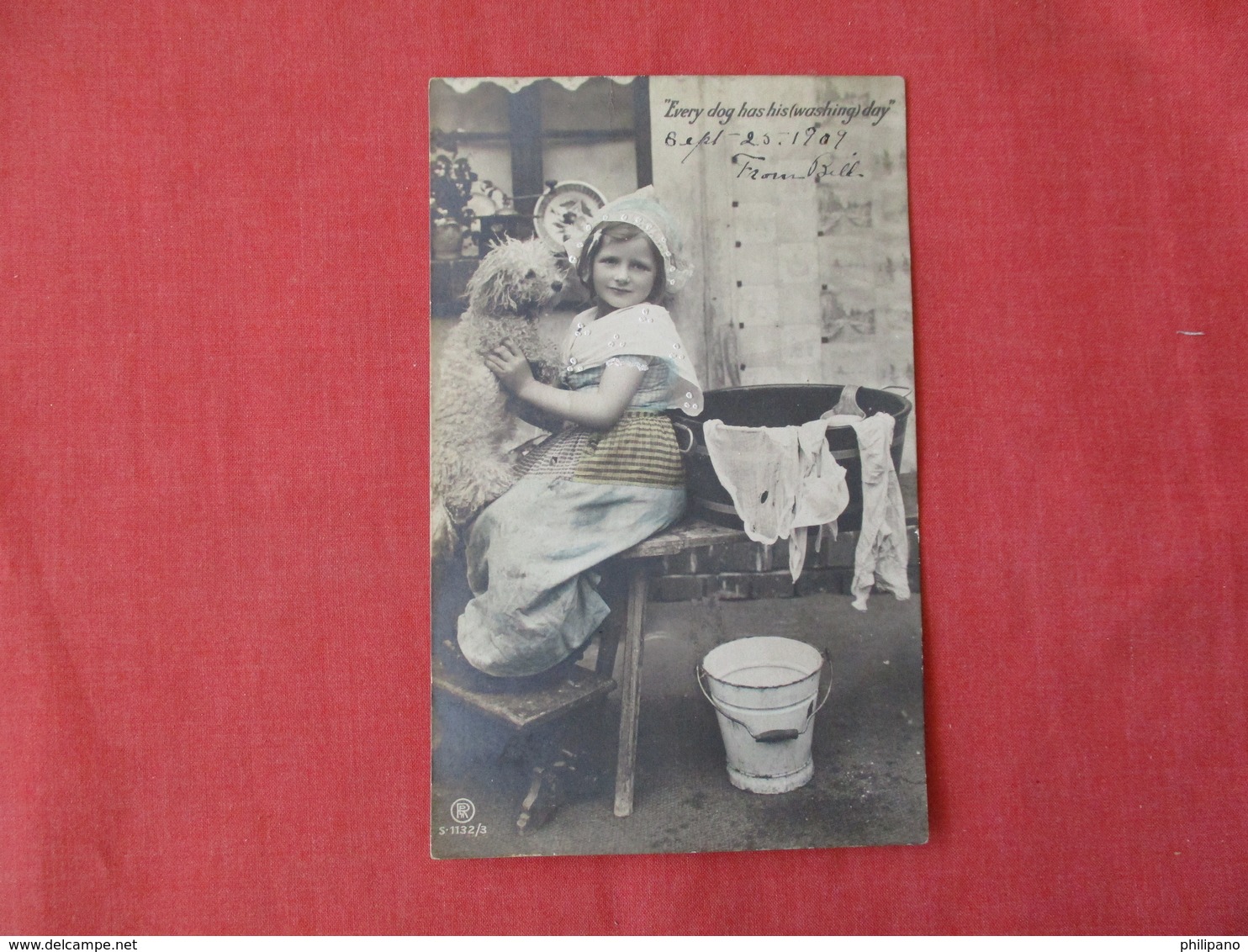 RPPC  Color-- Young Girl With Dog -----  Every Dog Has His {Washing } Day        Ref 3171 - Dogs