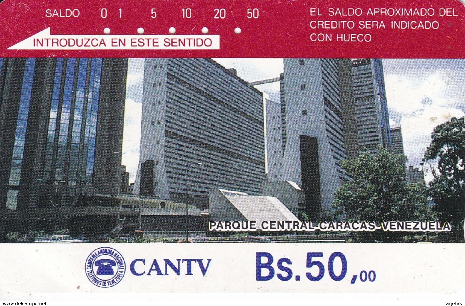 TARJETA DE VENEZUELA DE Bs.50 DEL PARQUE CENTRAL DE CARACAS (DETRAS COLOR MARRON CON 3 RAYAS) - Venezuela
